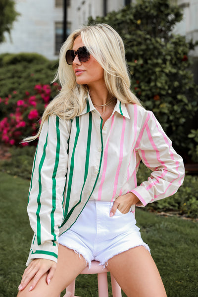 Pink Color Block Striped Oversized Button-Up Blouse