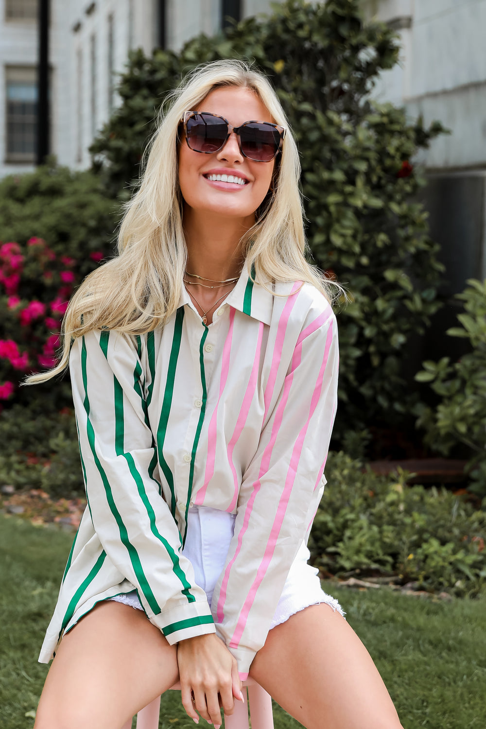 cute Pink Color Block Striped Oversized Button-Up Blouse