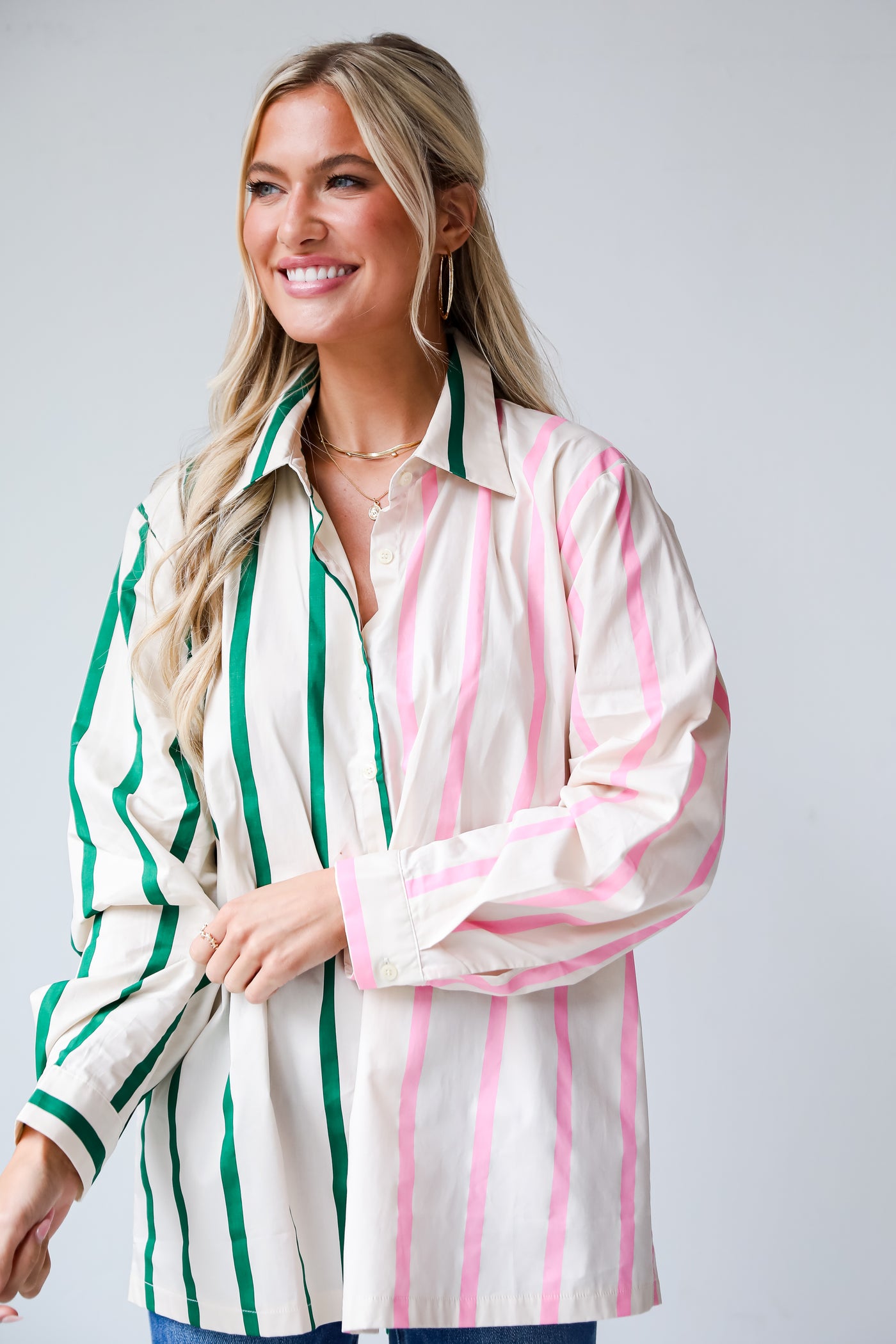 womens Pink Color Block Striped Oversized Button-Up Blouse