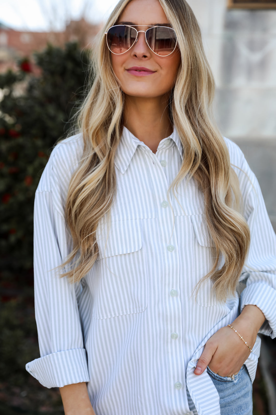 Sage Striped Button-Up Blouse