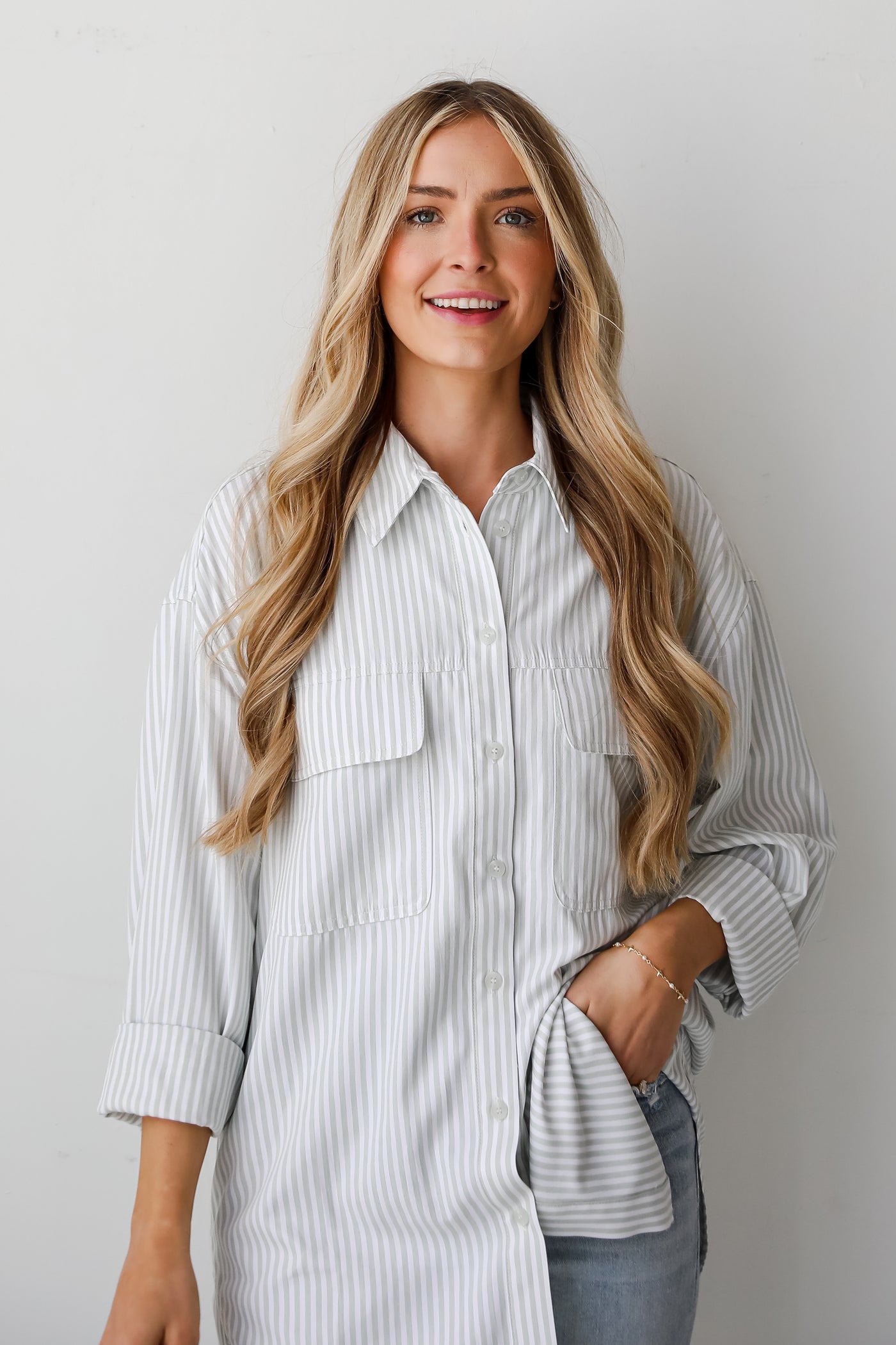 cute Sage Striped Button-Up Blouse
