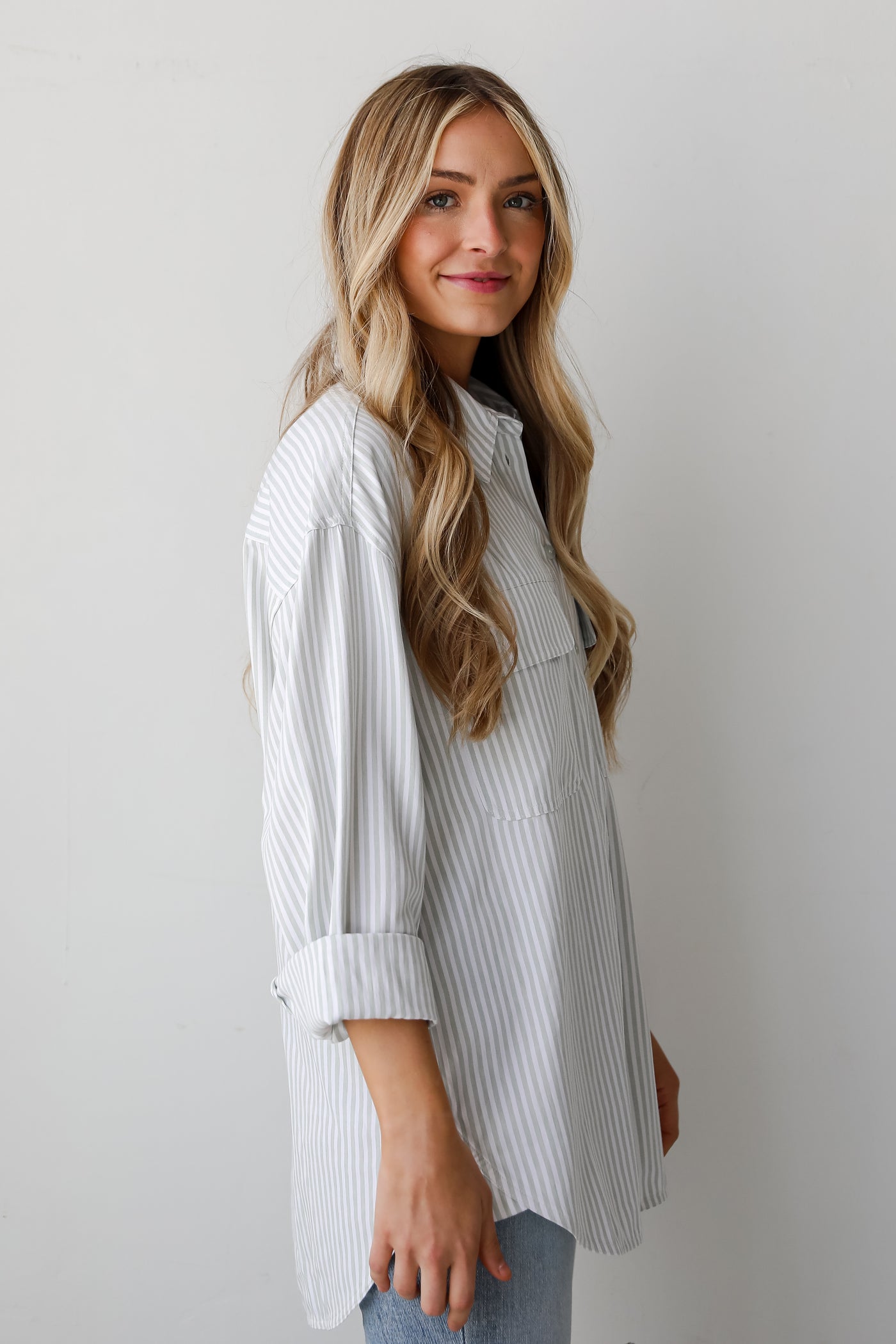 oversized Sage Striped Button-Up Blouse