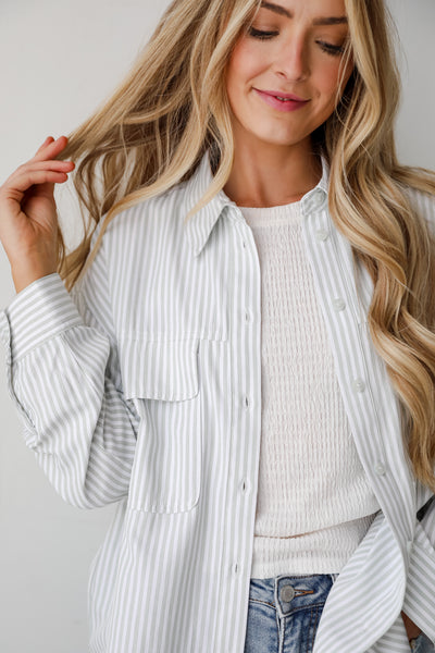 trendy Sage Striped Button-Up Blouse