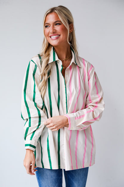 Pink Color Block Striped Oversized Button-Up Blouse for women