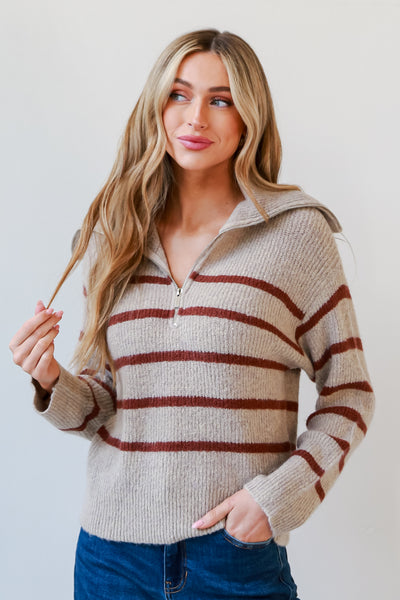 Taupe Striped Collared Sweater front view
