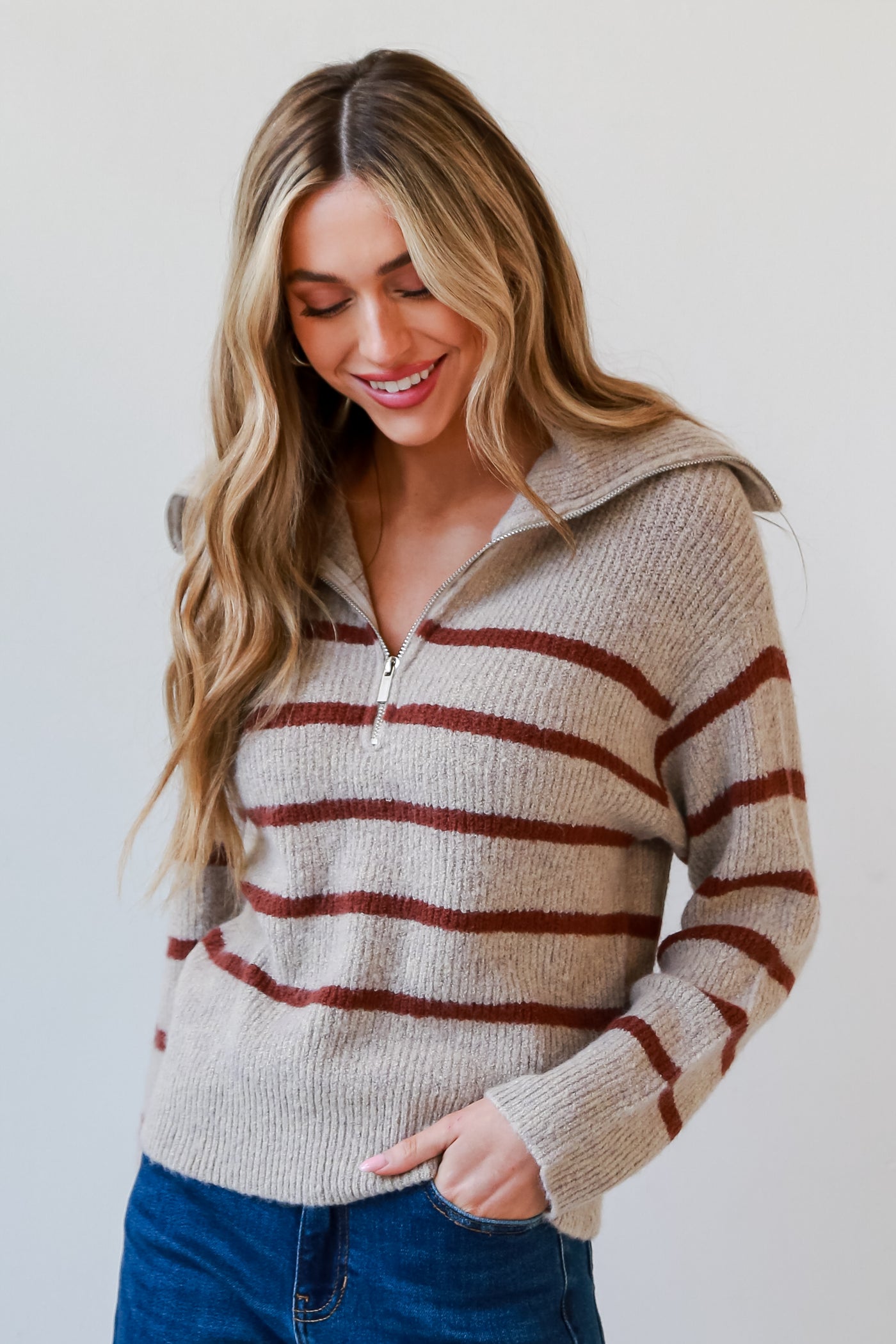 Taupe Striped Collared Sweater front view
