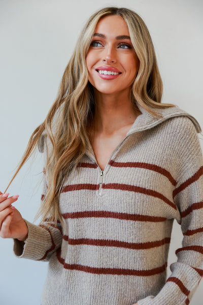 cozy Taupe Striped Collared Sweater