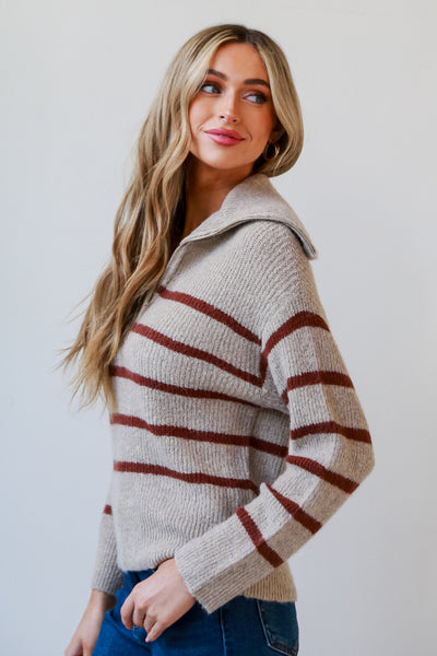 Taupe Striped Collared Sweater side view