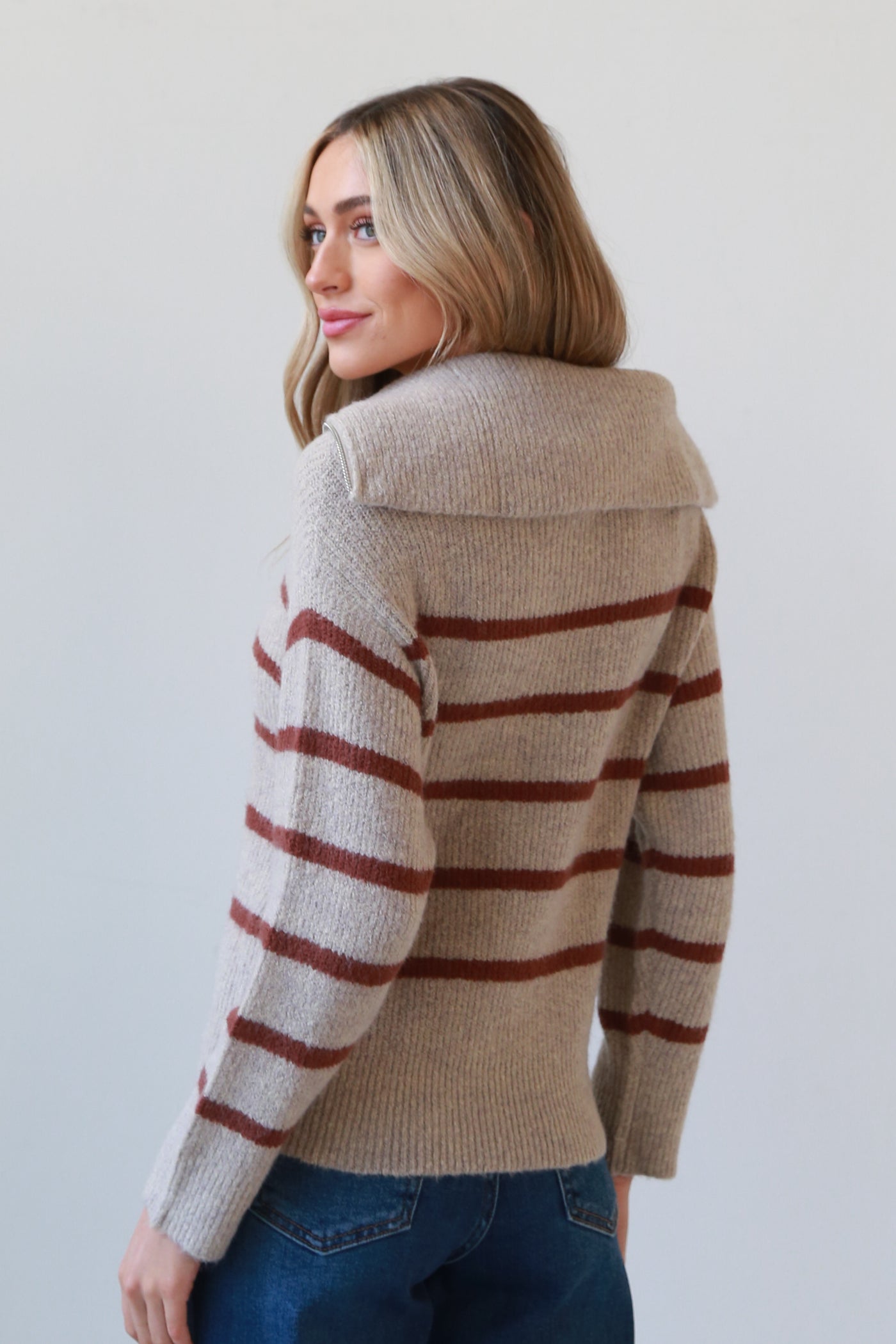 Taupe Striped Collared Sweater back view