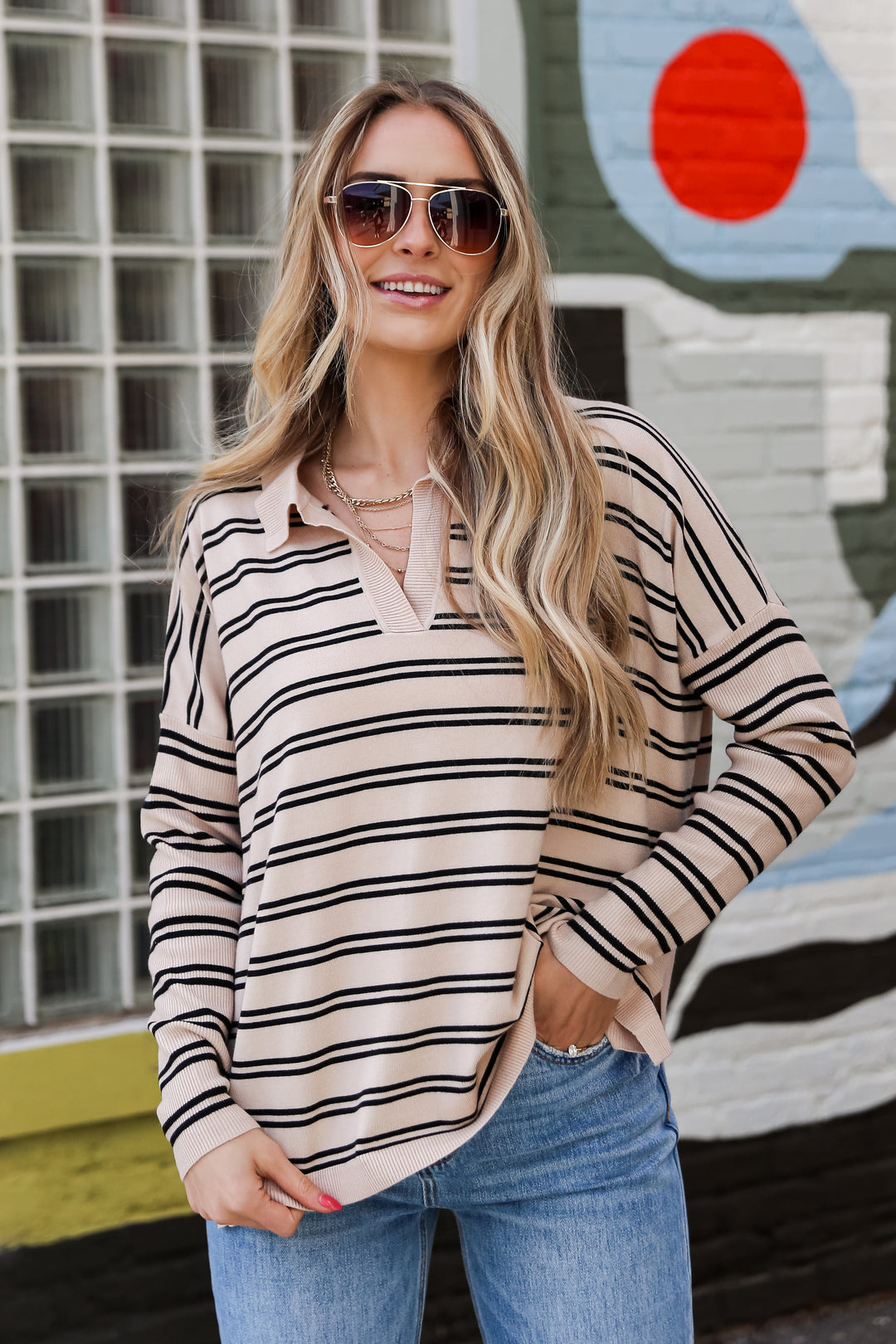 Taupe Striped Collared Knit Top