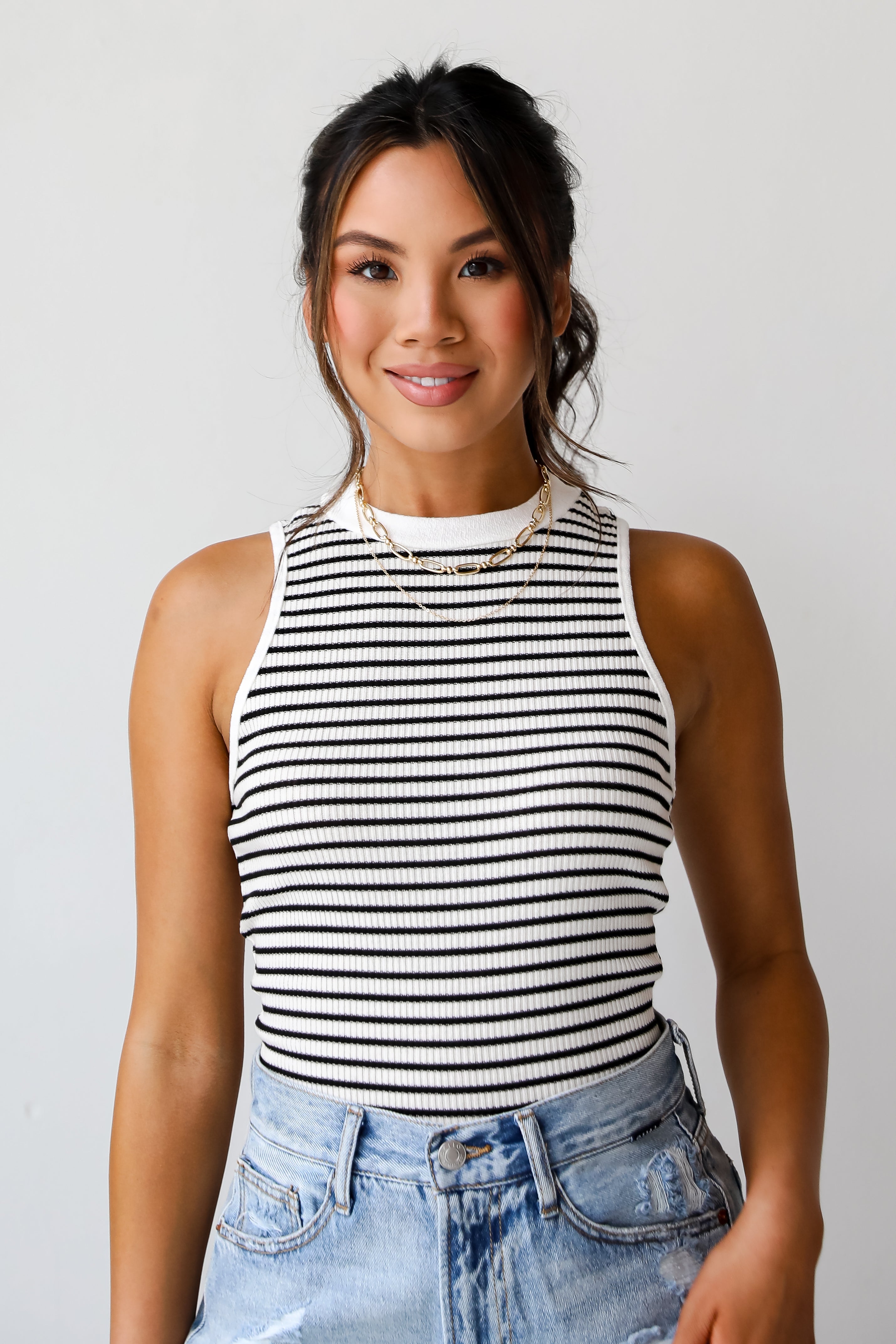 Black White Striped High Neck Tank Basic Tops Dress Up