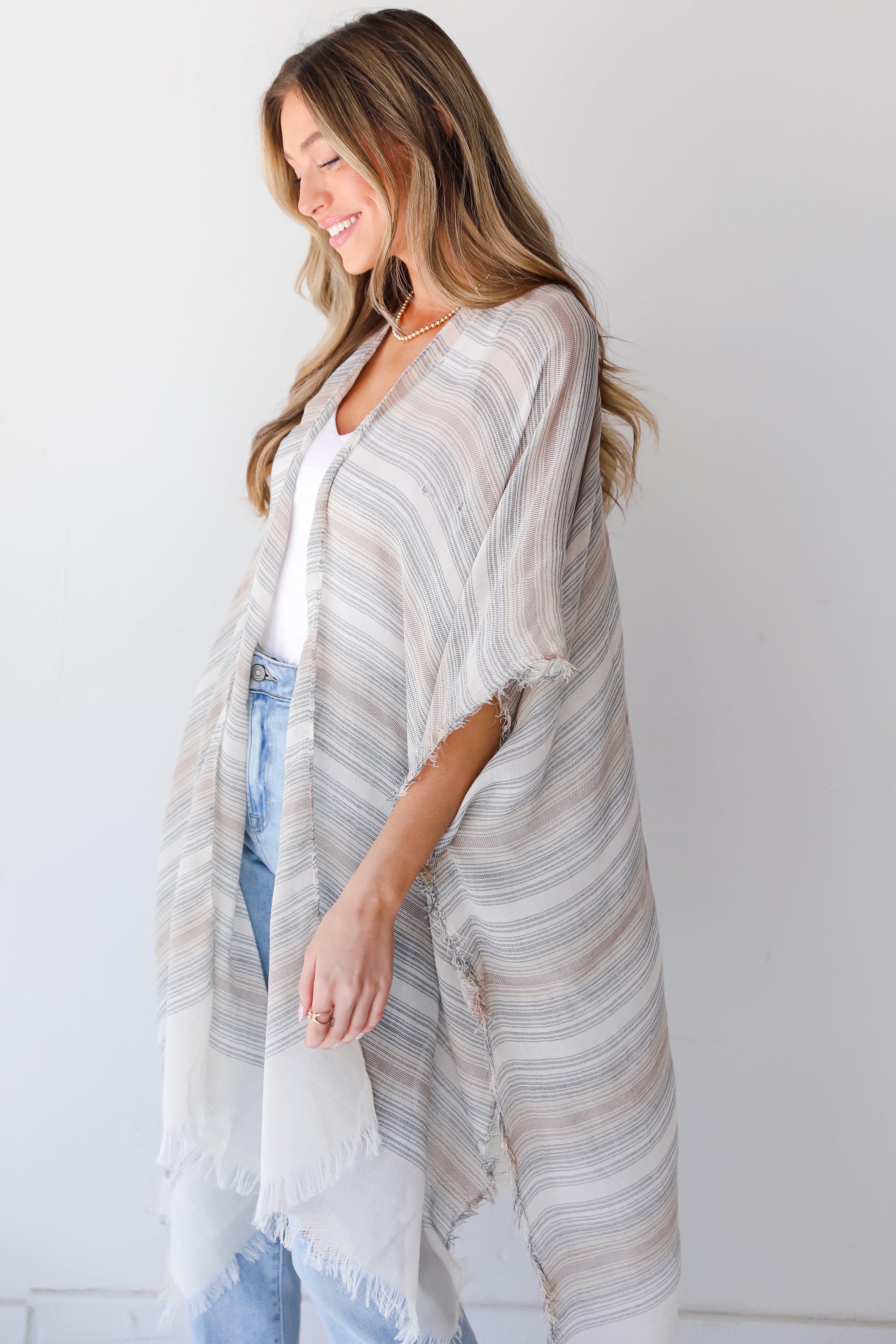 beige Striped Kimono side view