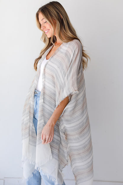 beige Striped Kimono side view