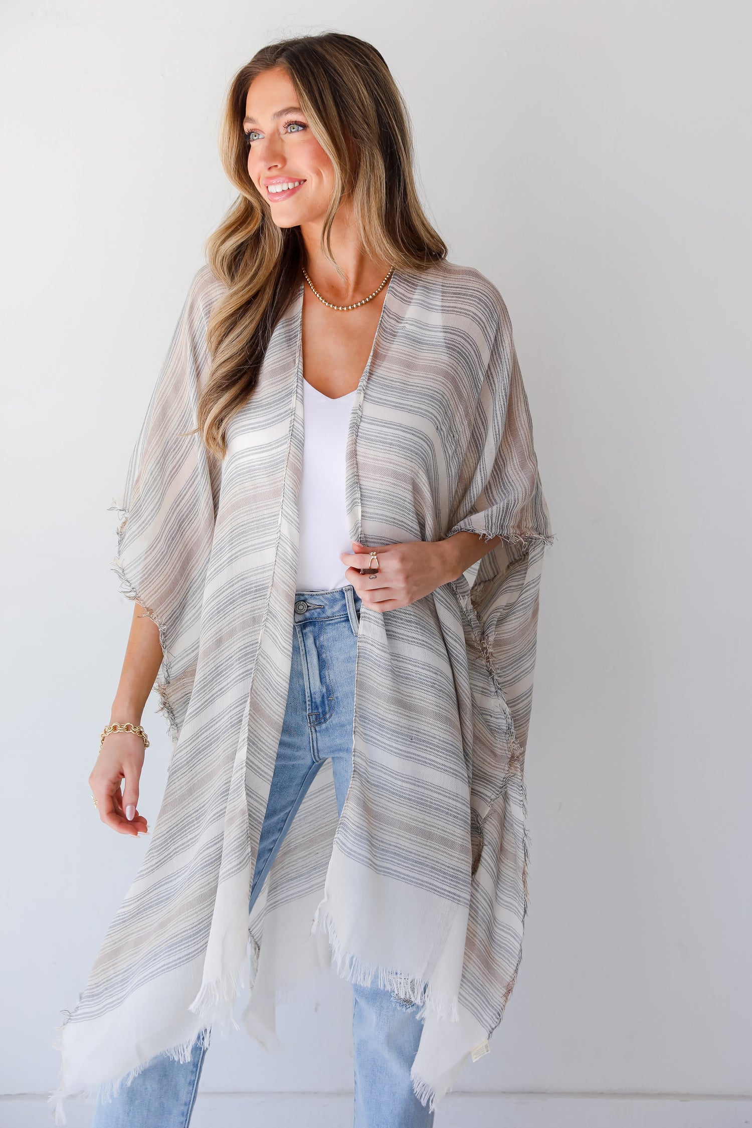 beige Striped Kimono