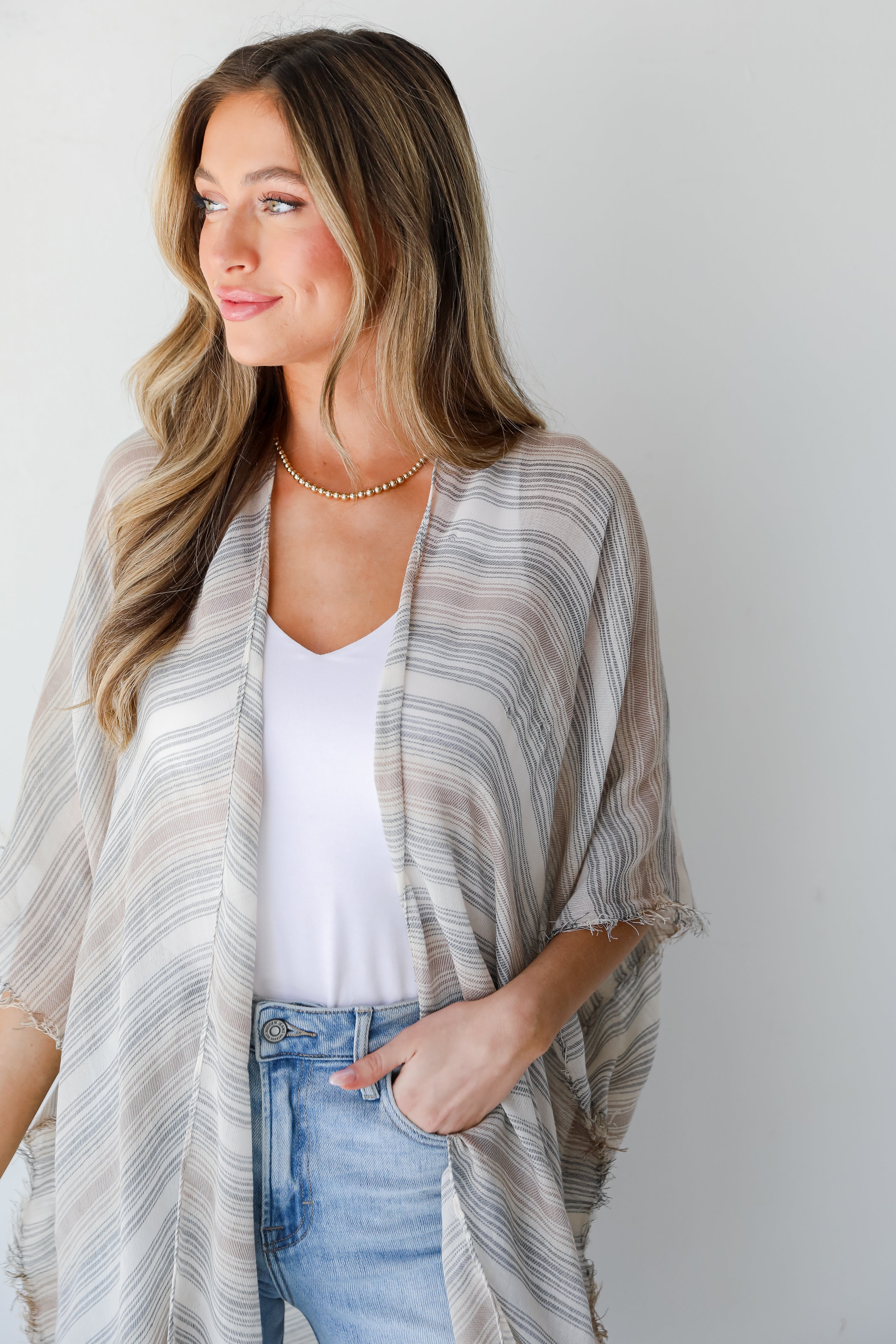 beige Striped Kimono close up