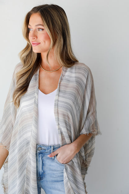 beige Striped Kimono close up