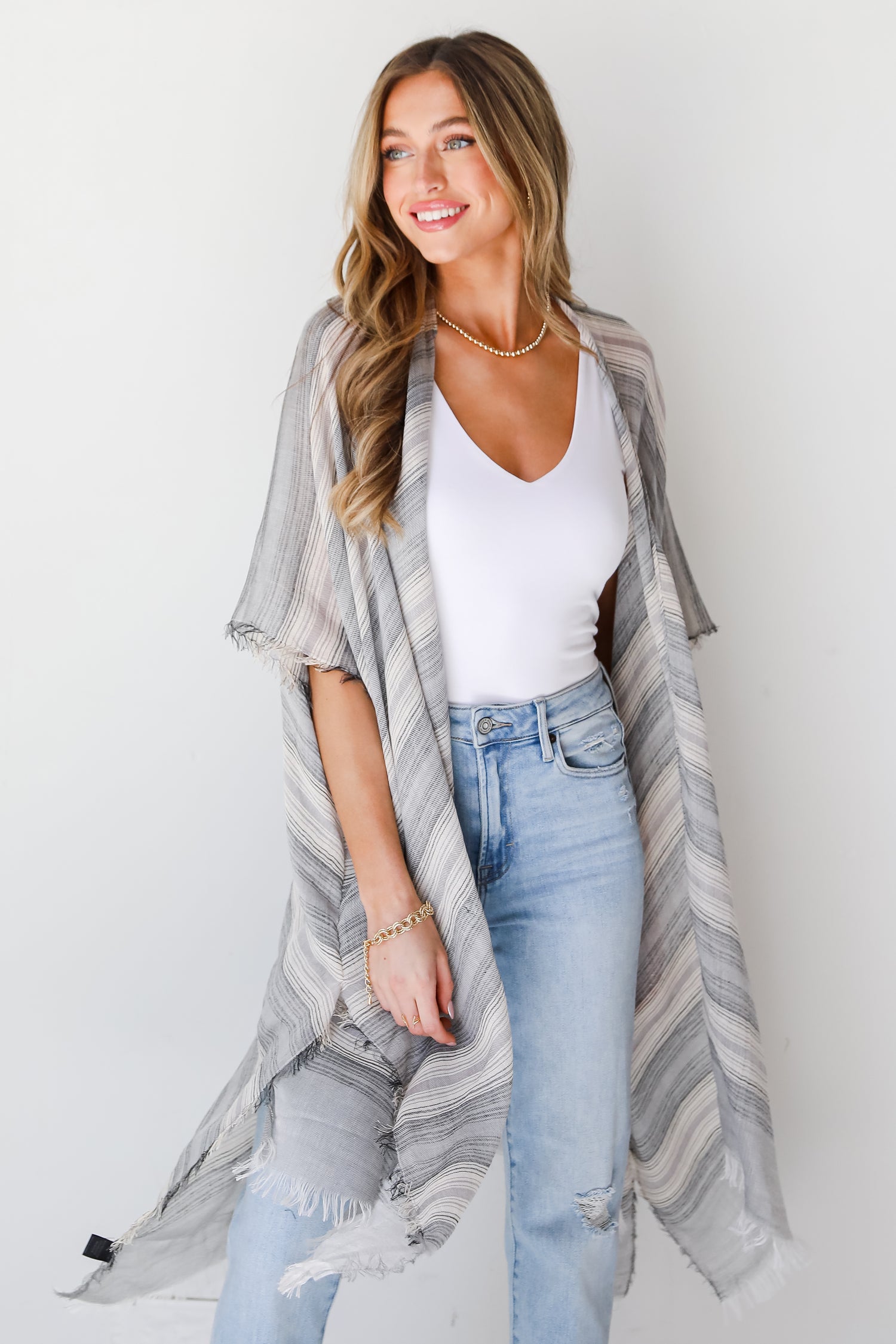 black Striped Kimono front view