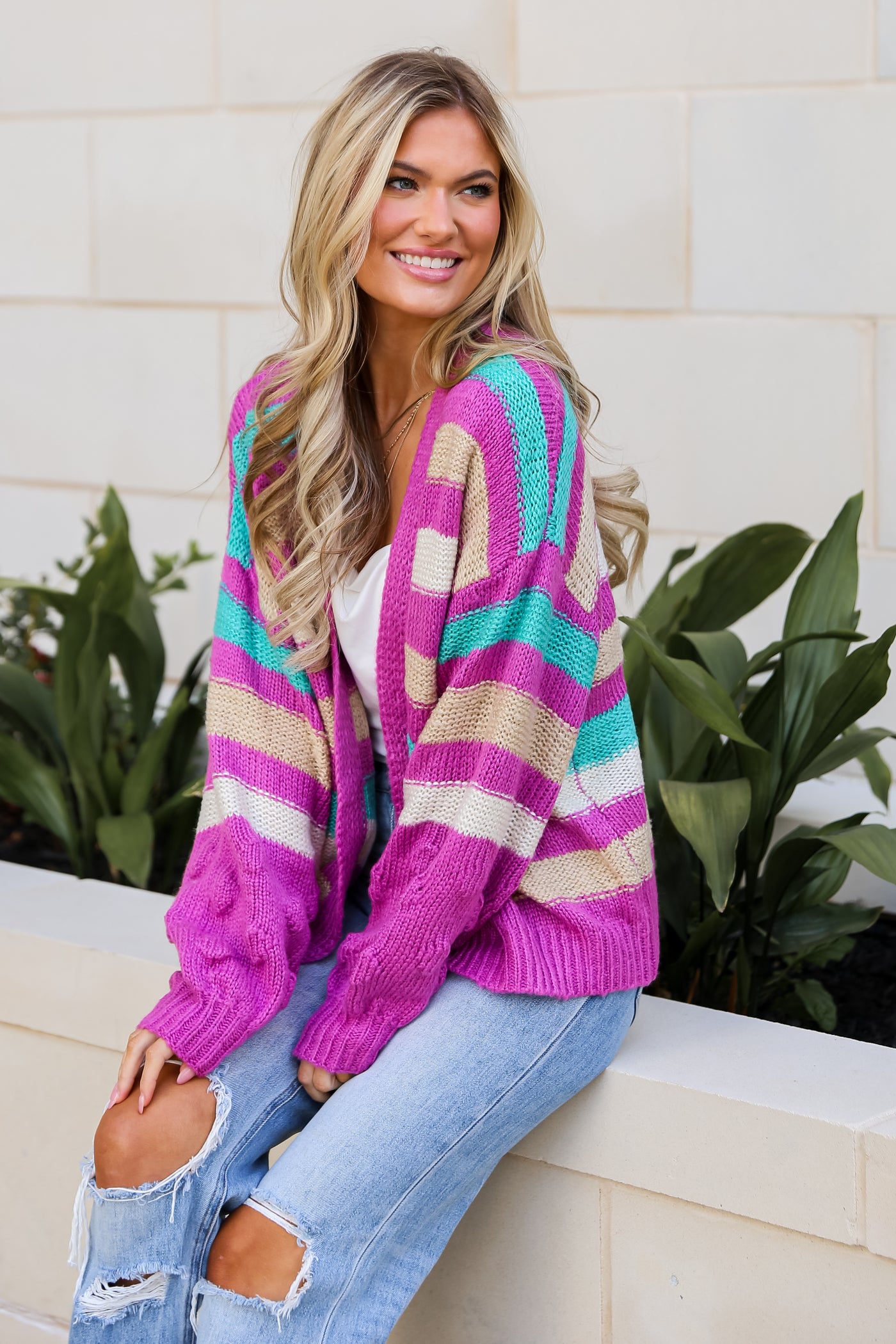oversized Fuchsia Striped Sweater Cardigan