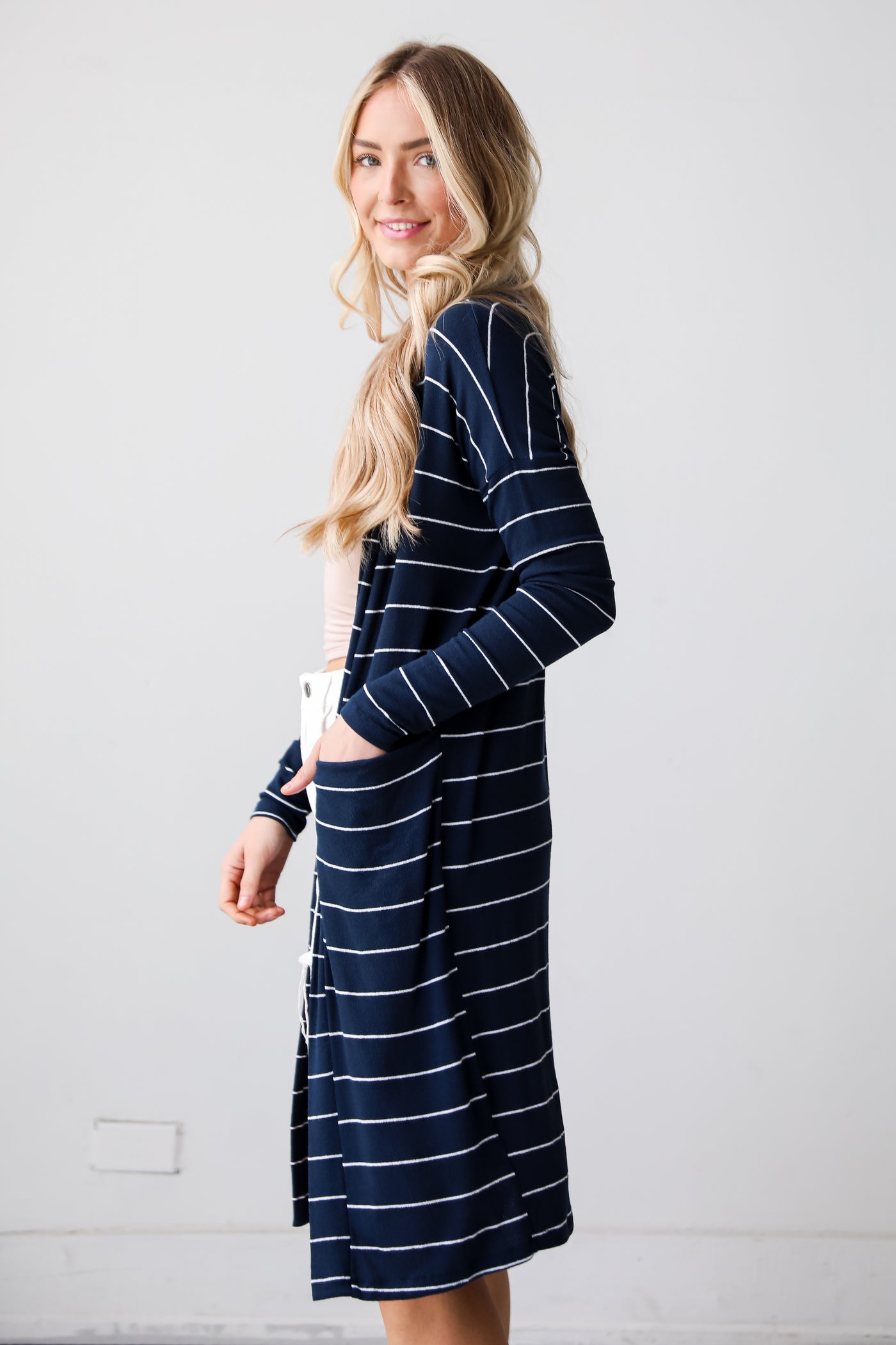 navy Striped Longline Lightweight Knit Cardigan for women