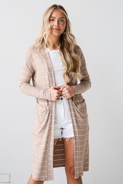 taupe  Striped Longline Lightweight Knit Cardigan  for women