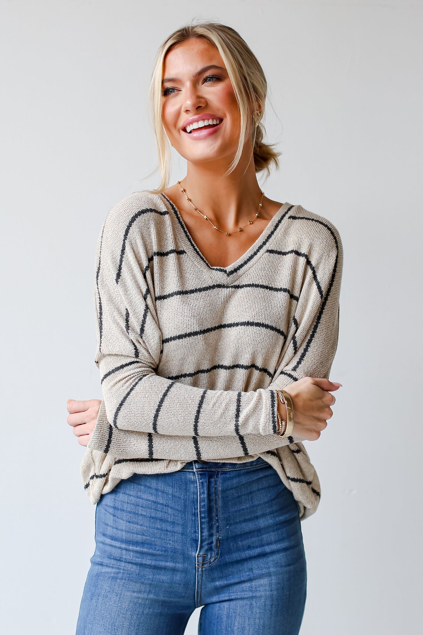 Taupe Striped Lightweight Knit Top front view