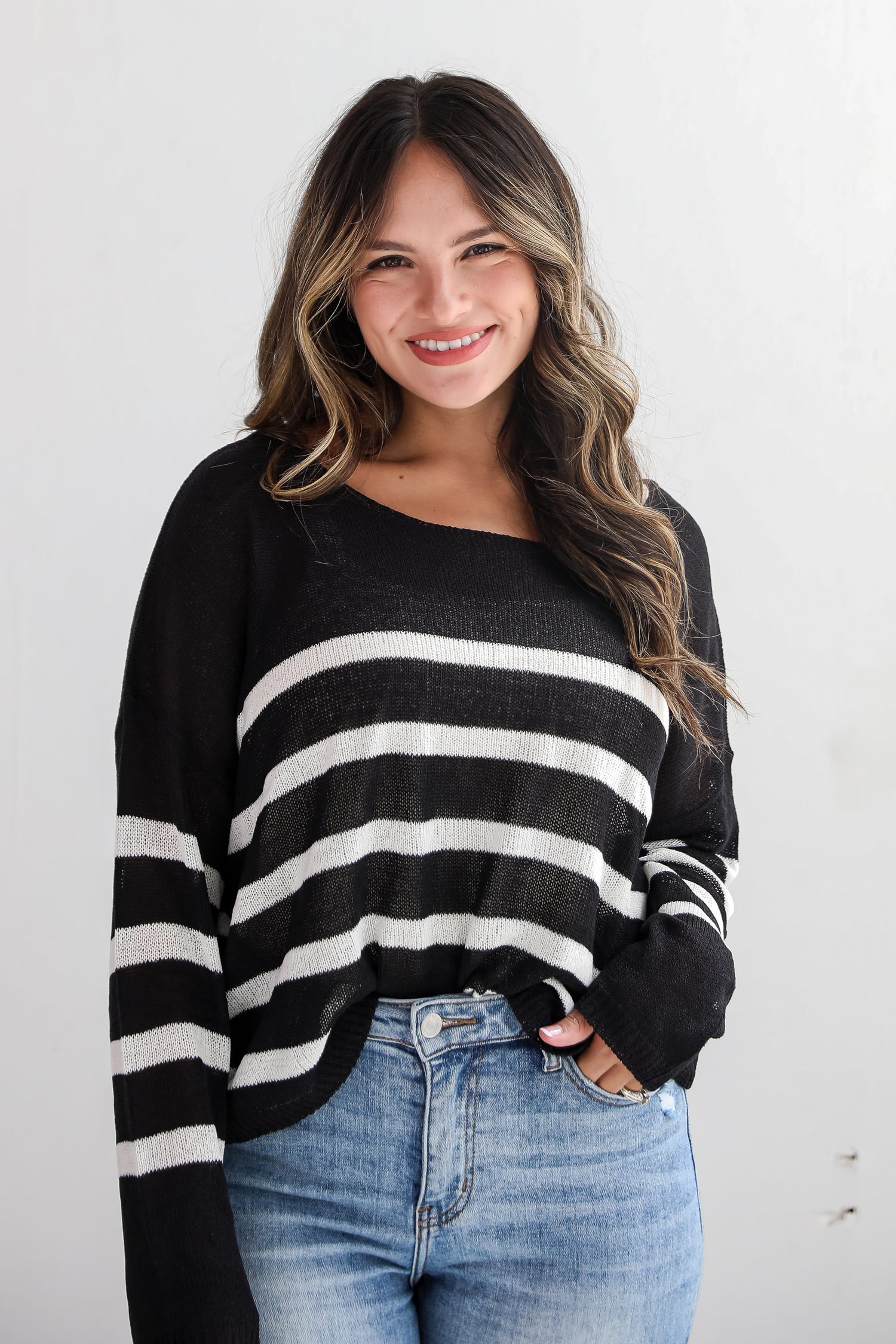 Stylish Promise Black Striped Lightweight Knit Sweater