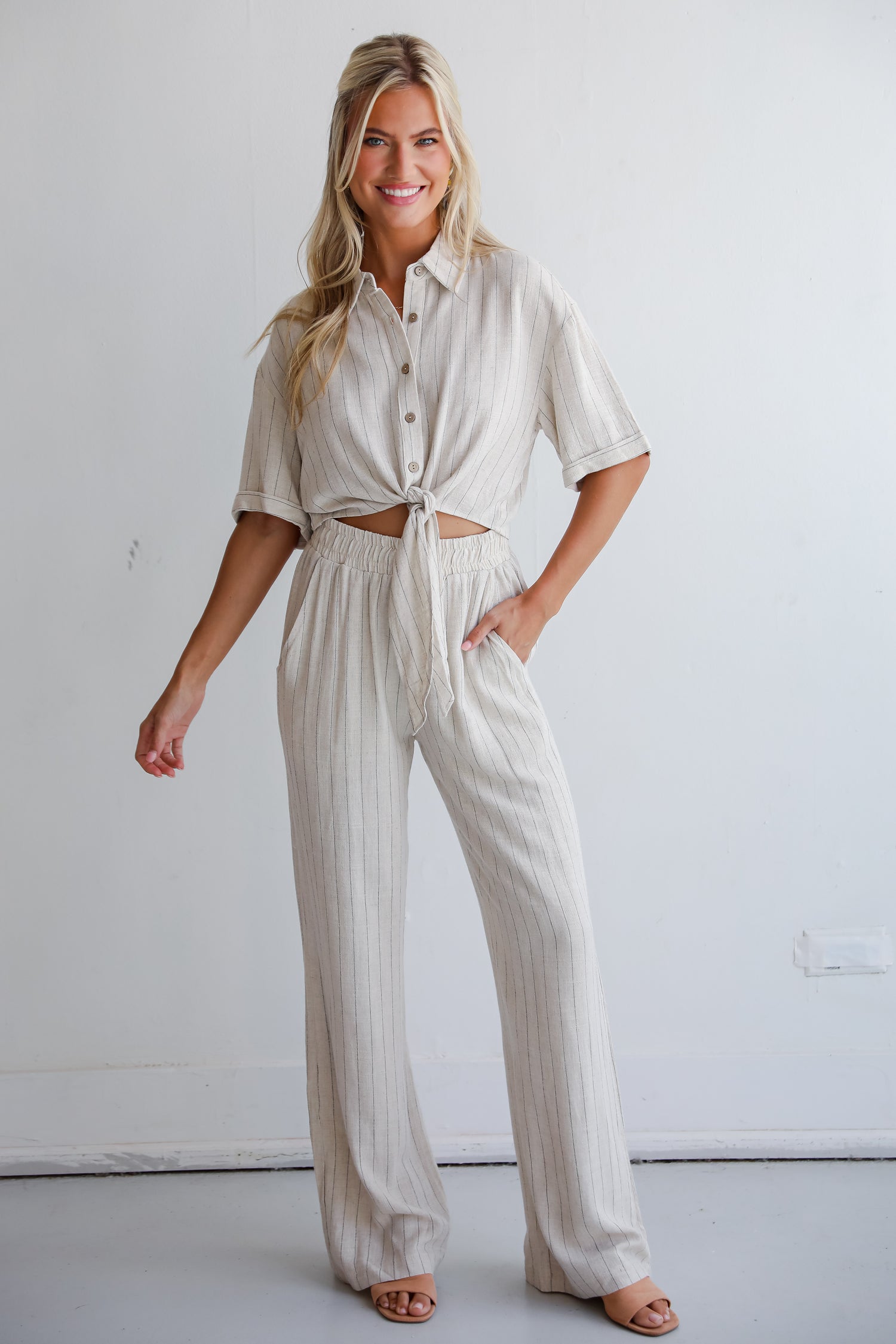 Moment Maker Striped Linen Tie-Front Blouse