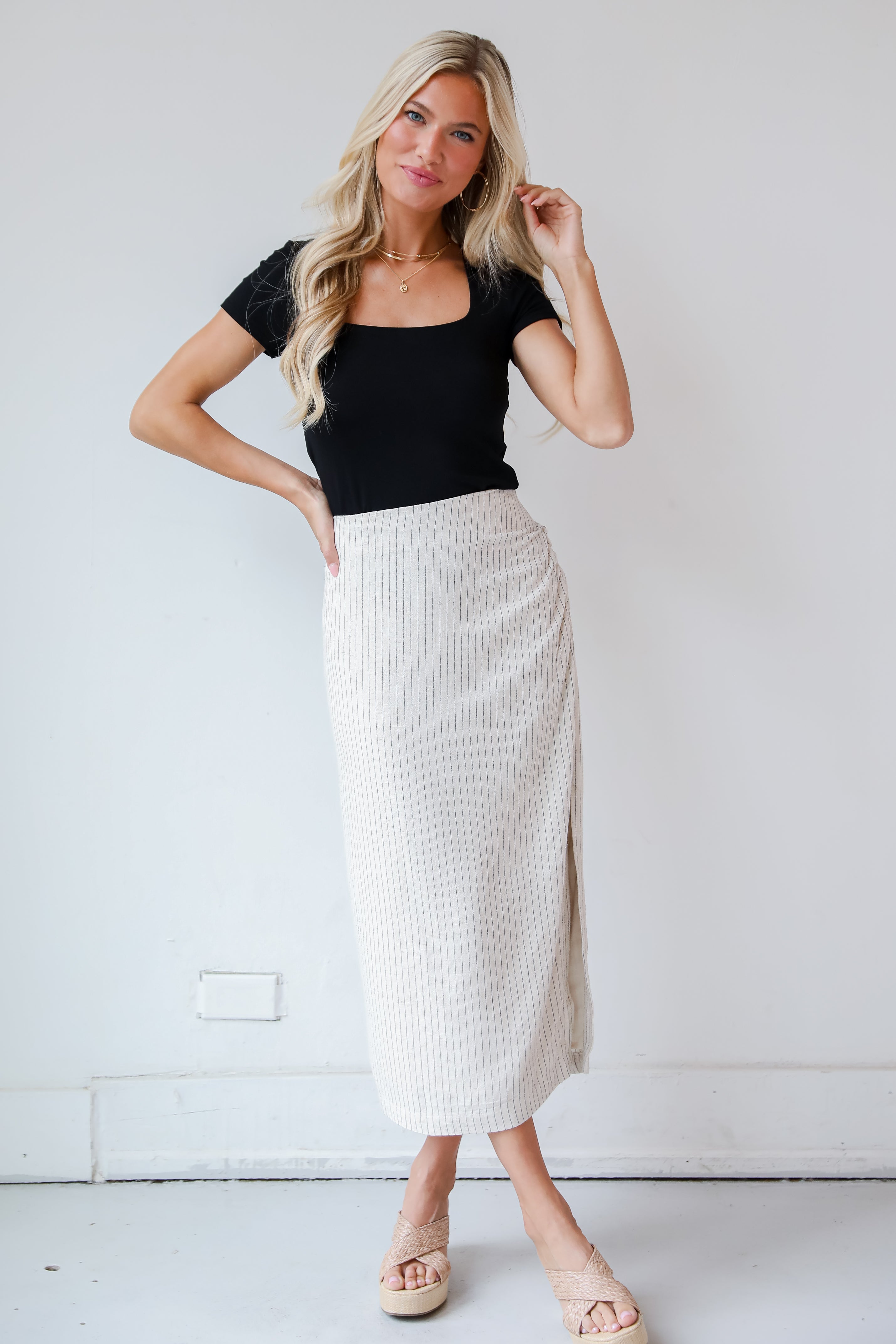 Linen Striped Midi Skirt 2 Piece Matching Sets Dress Up