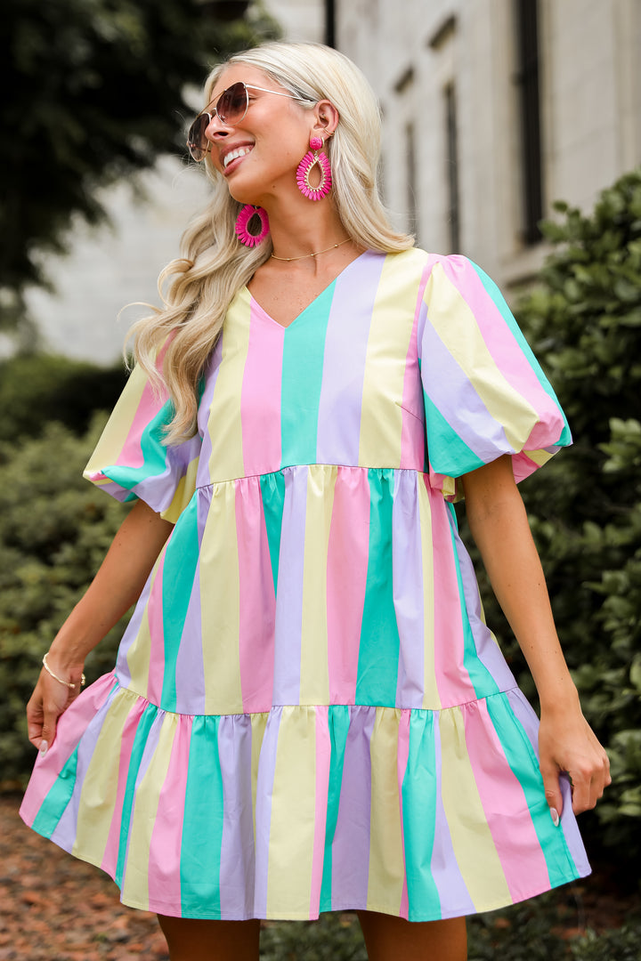 Vivid Moment Multi Striped Tiered Mini Dress