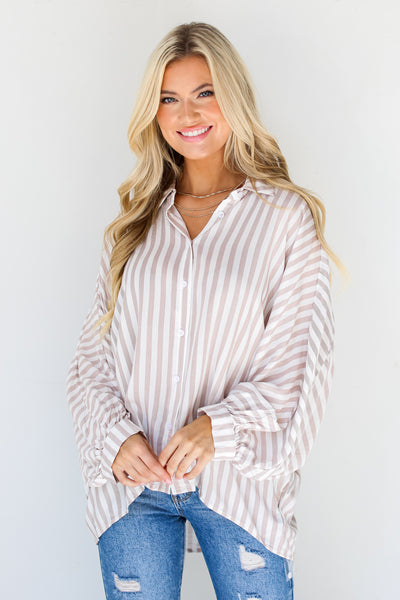 taupe Striped Oversized Button-Up Blouse on dress up model