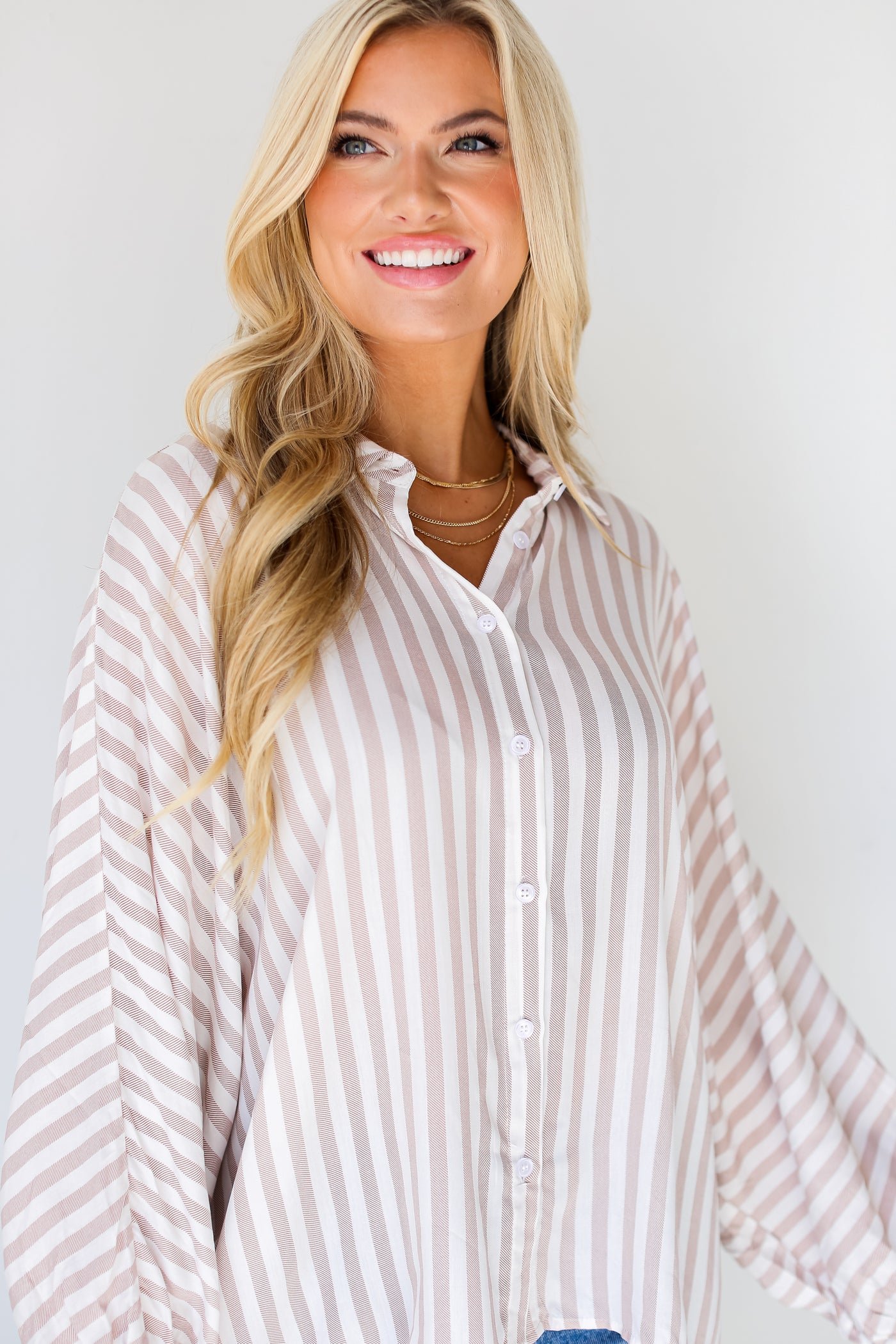 taupe Striped Oversized Button-Up Blouse close up
