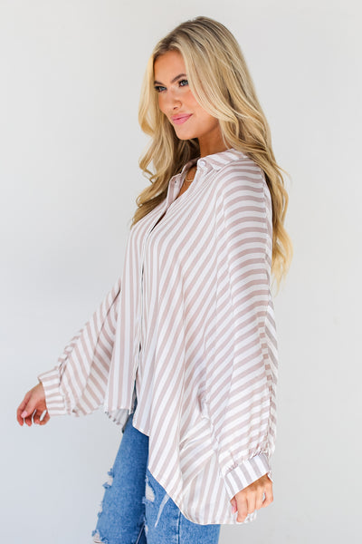 taupe Striped Oversized Button-Up Blouse side view