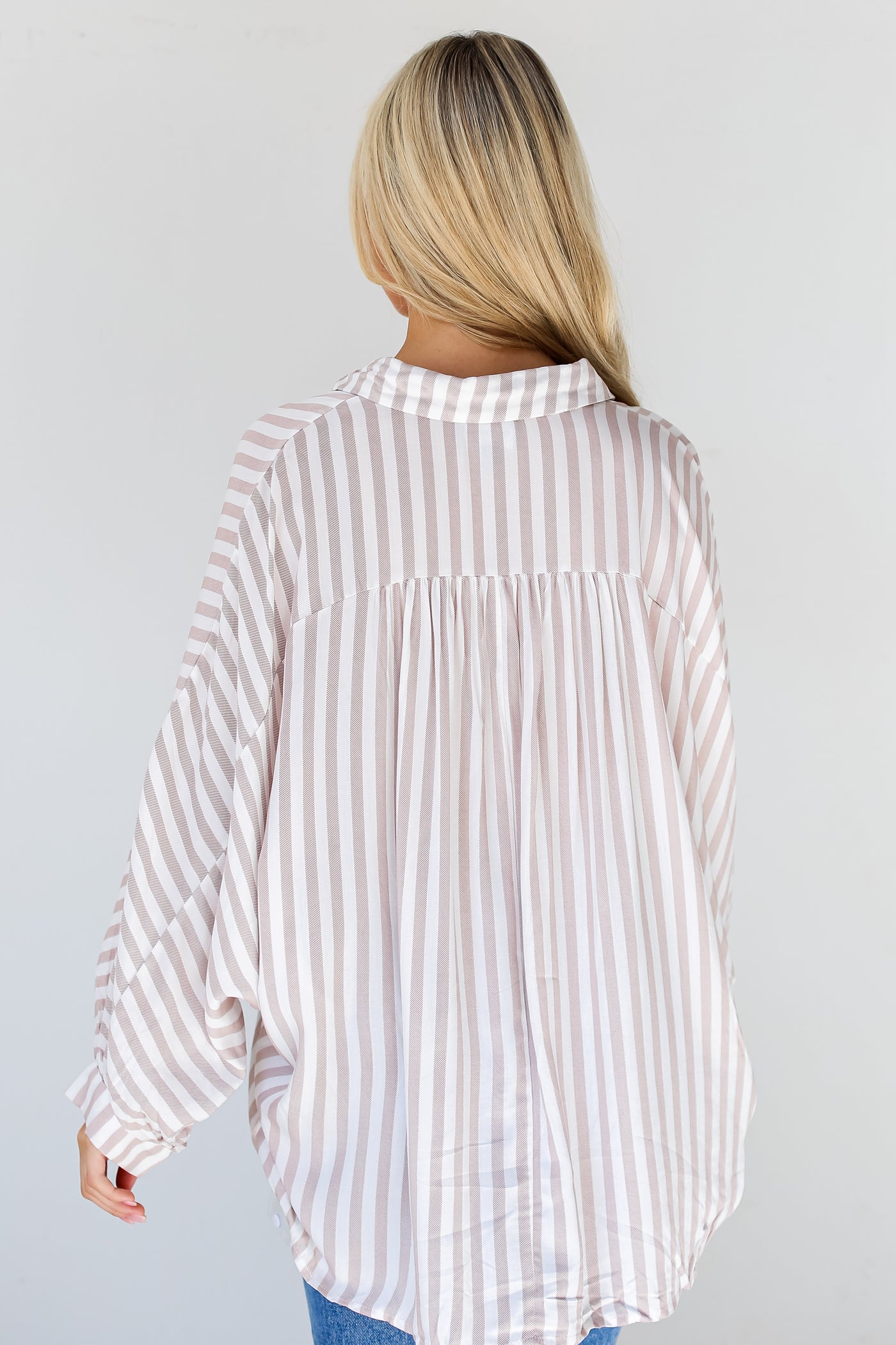 taupe Striped Oversized Button-Up Blouse back view