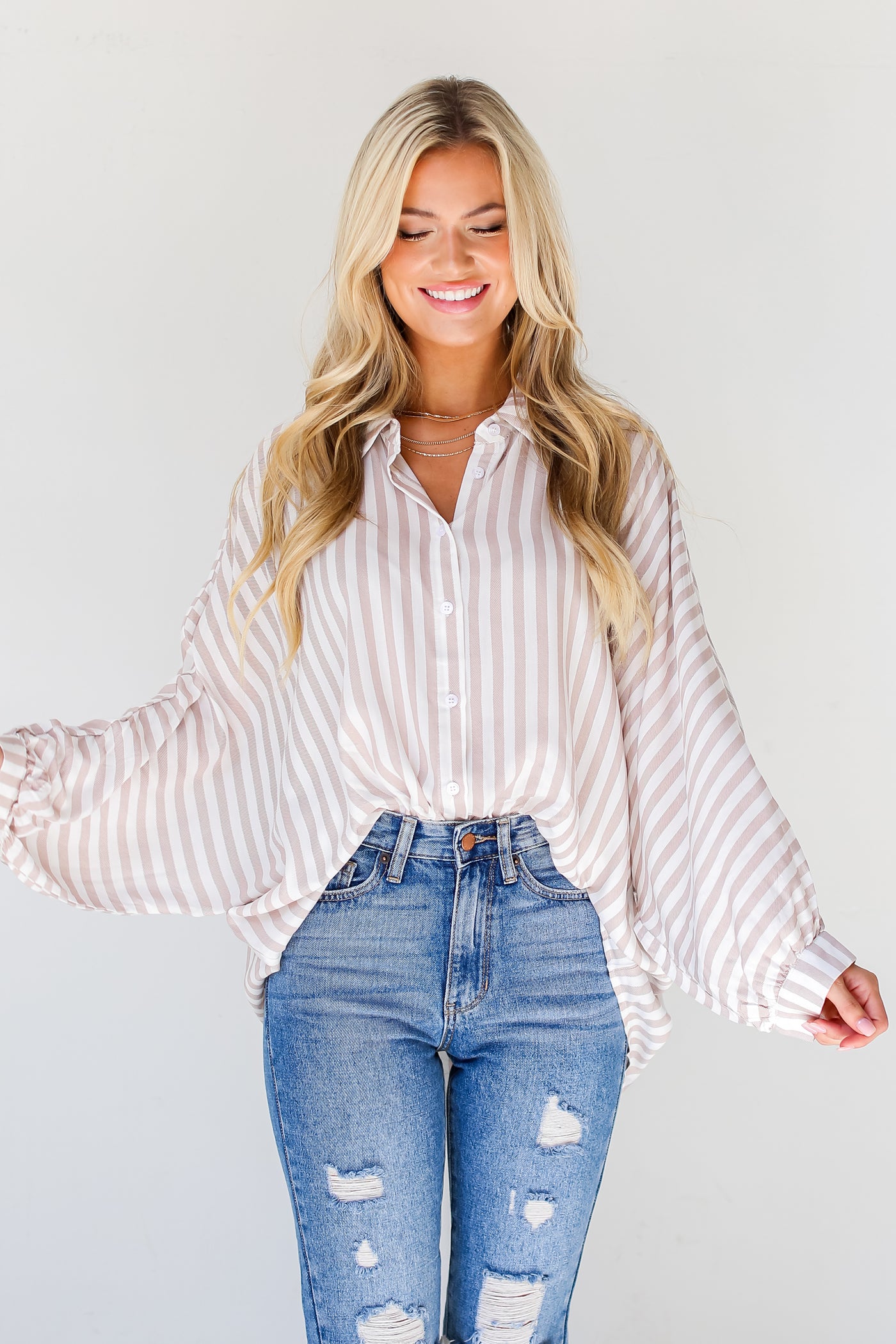 taupe Striped Oversized Button-Up Blouse front view