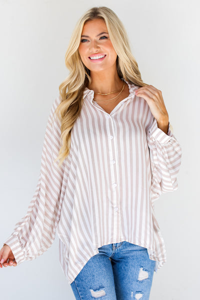 taupe Striped Oversized Button-Up Blouse untucked