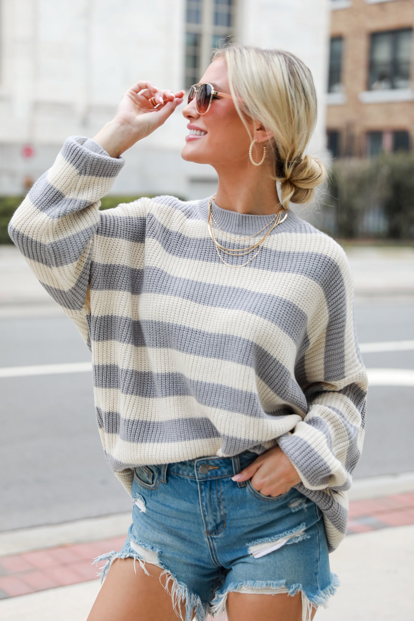 grey Striped Sweater on model