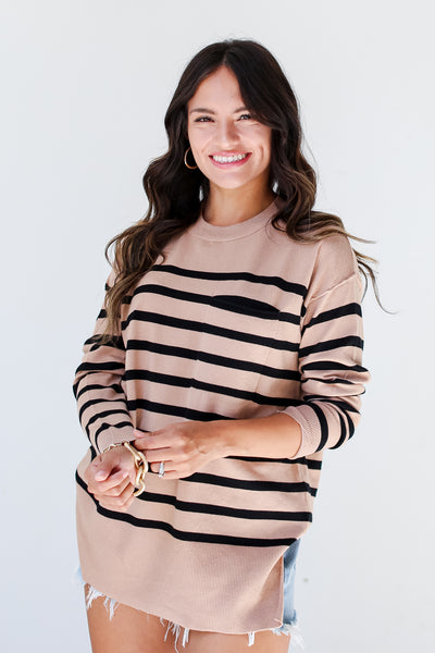 model wearing a camel Striped Sweater