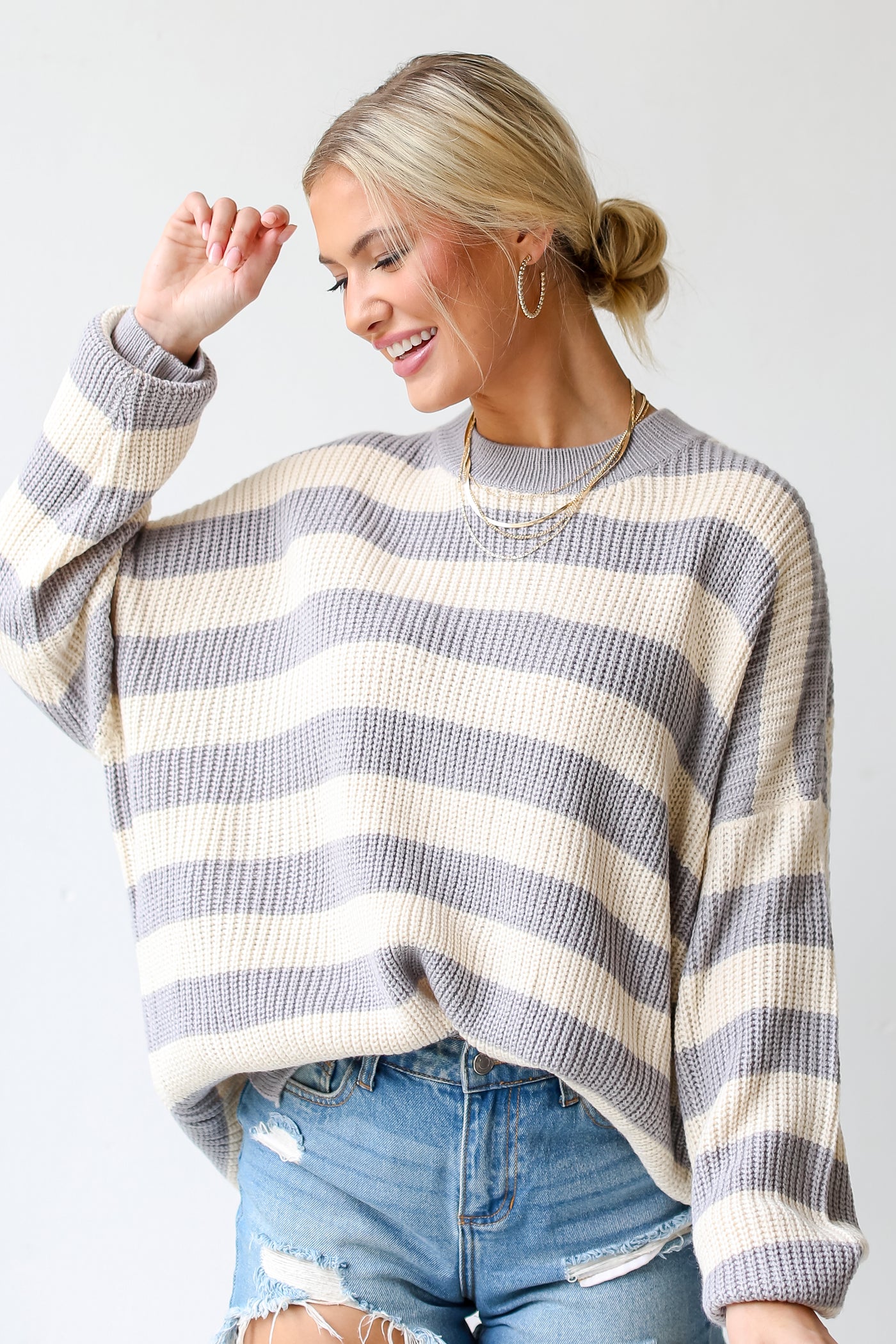 grey Striped Sweater front view