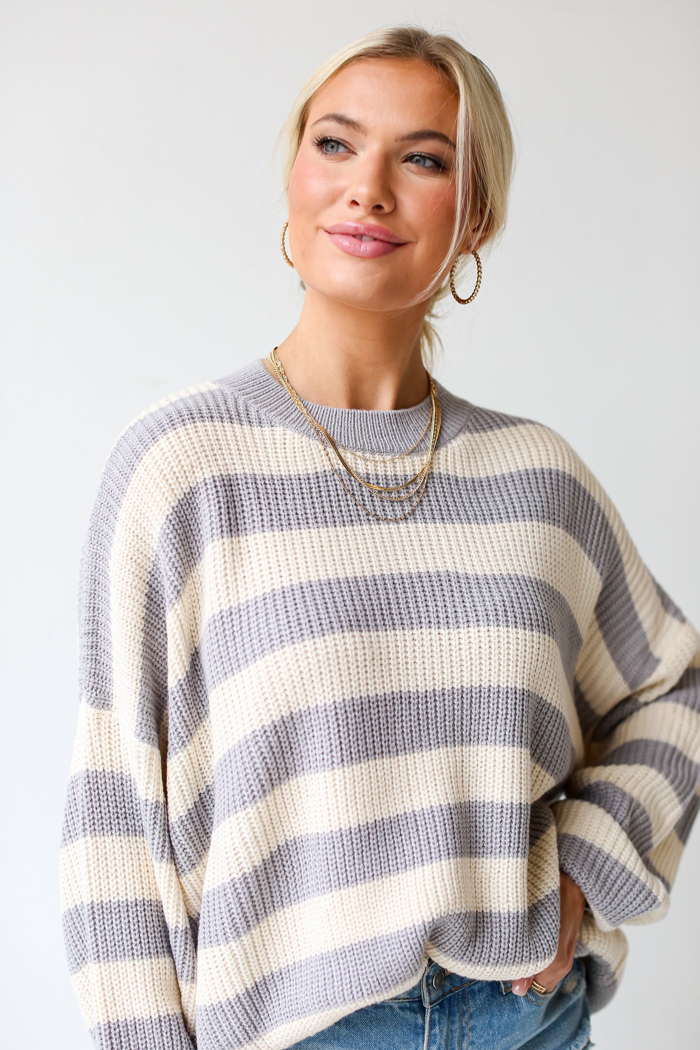 grey Striped Sweater close up