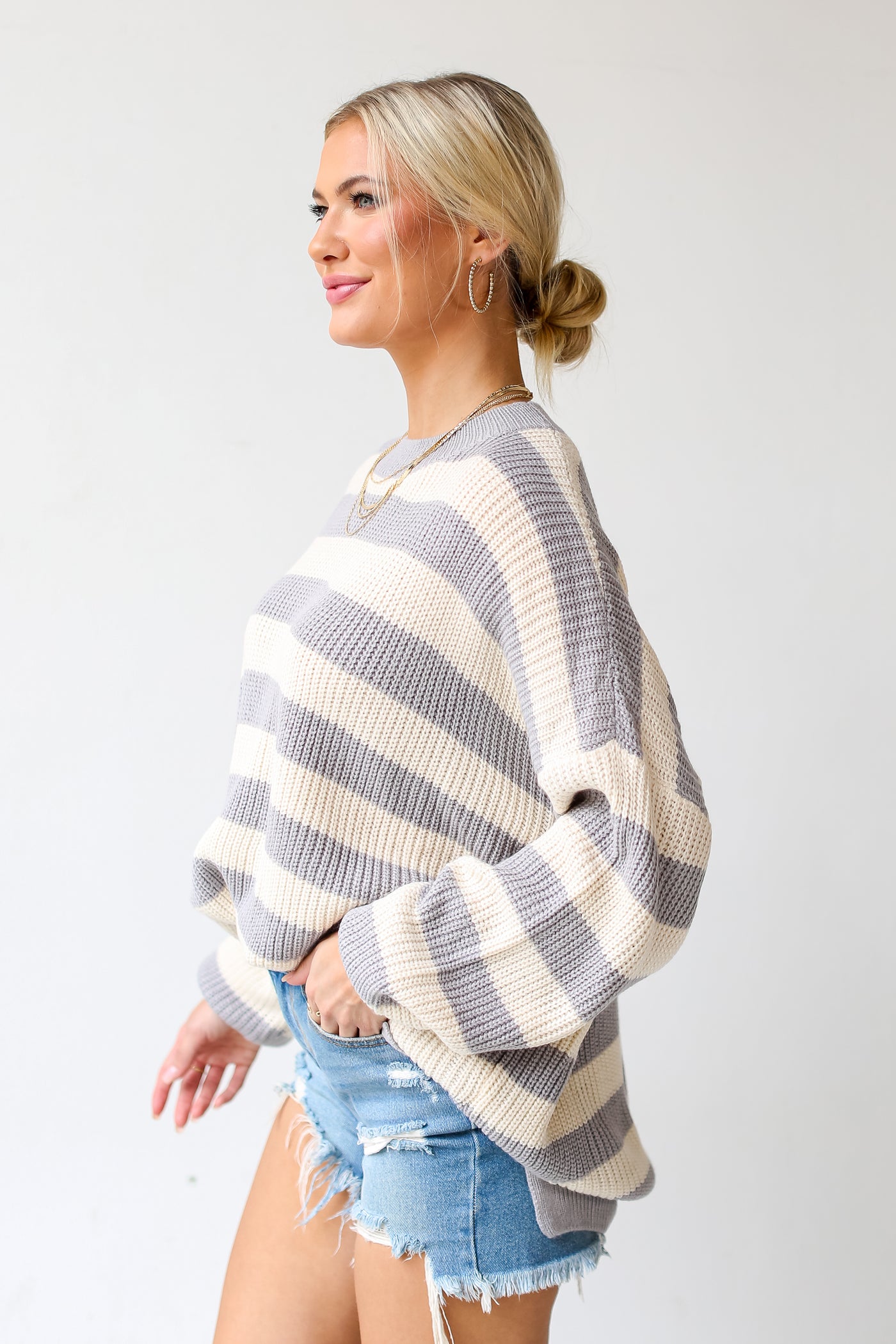 grey Striped Sweater side view