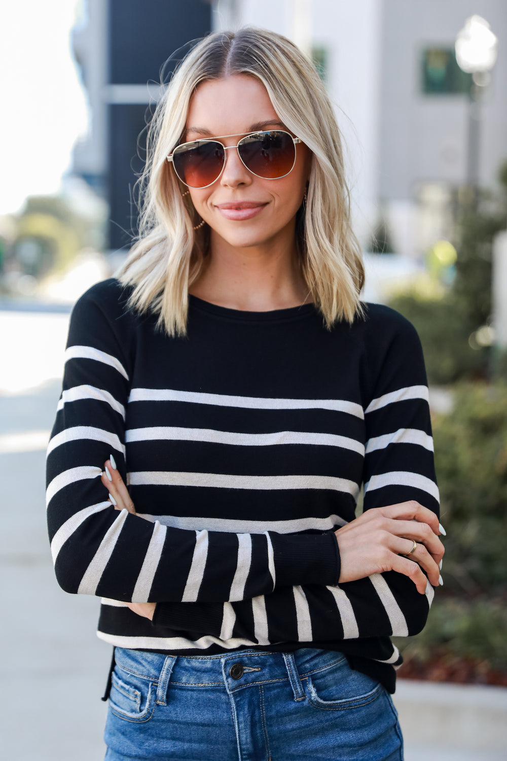 black + white Striped Sweater on model