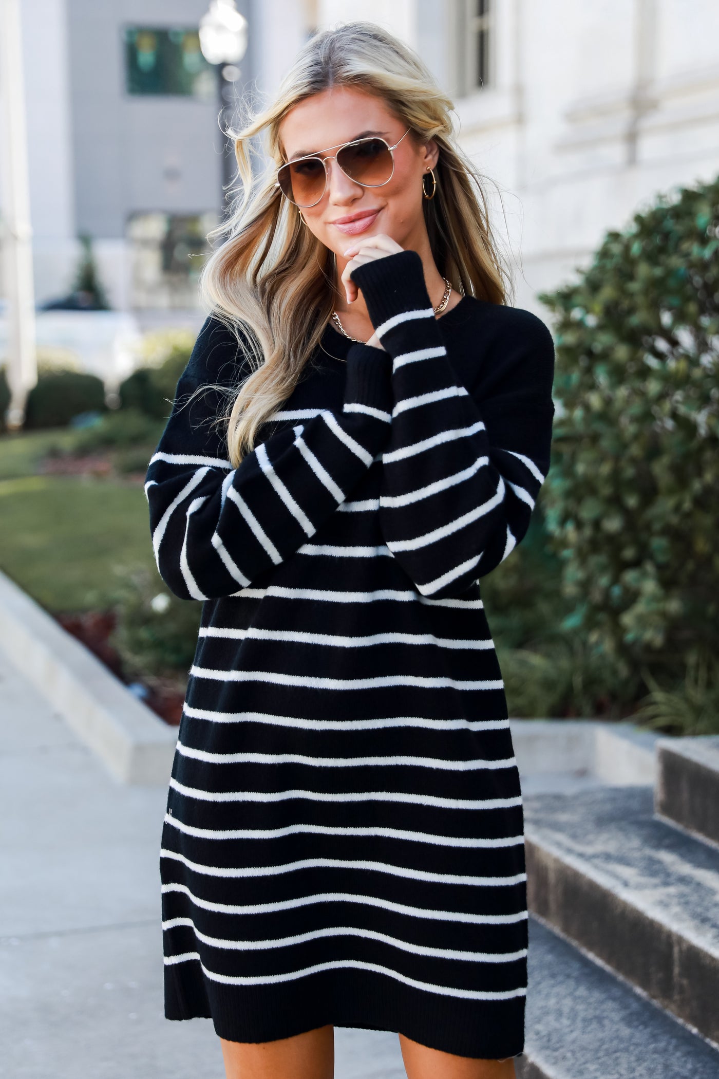 black + white Striped Sweater Mini Dress. sweater dress