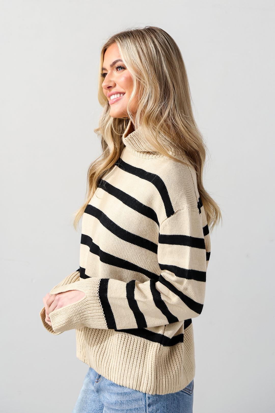 Taupe Striped Turtleneck Sweater side view