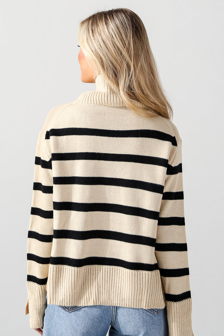 Taupe Striped Turtleneck Sweater back view