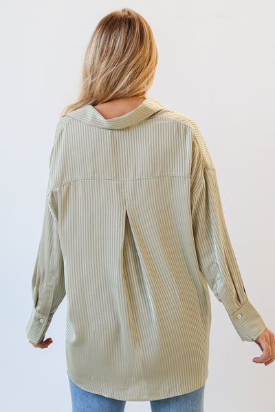 olive green satin Striped Button-Up Blouse
