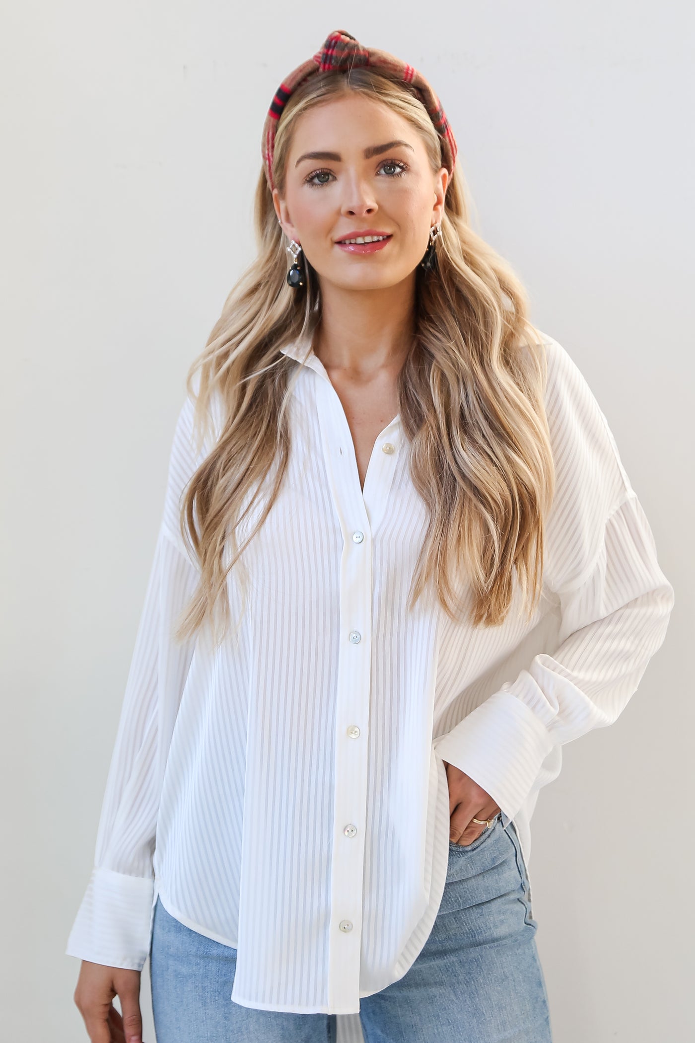 oversized Striped Button-Up Blouse on model