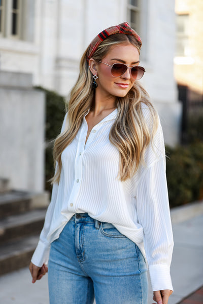 satin Striped Button-Up Blouse