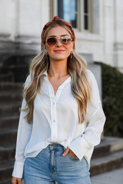 white Striped Button-Up Blouse