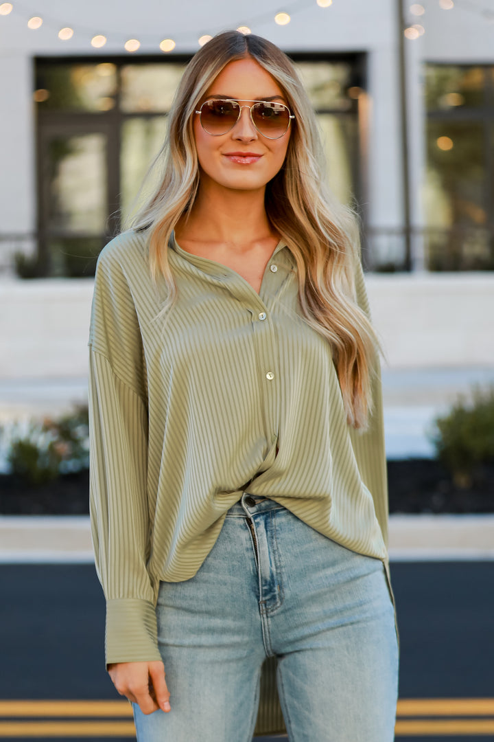 green Striped Button-Up Blouse