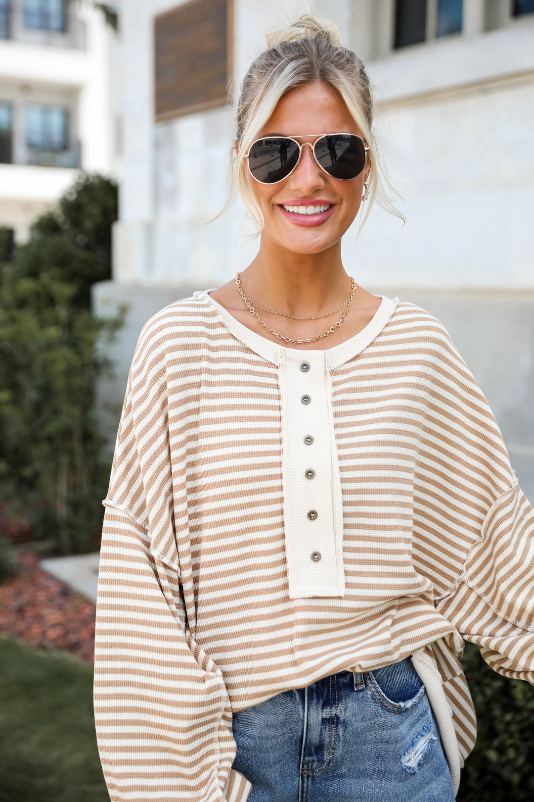 Enviably Cozy Cream Striped Oversized Waffle Knit Top